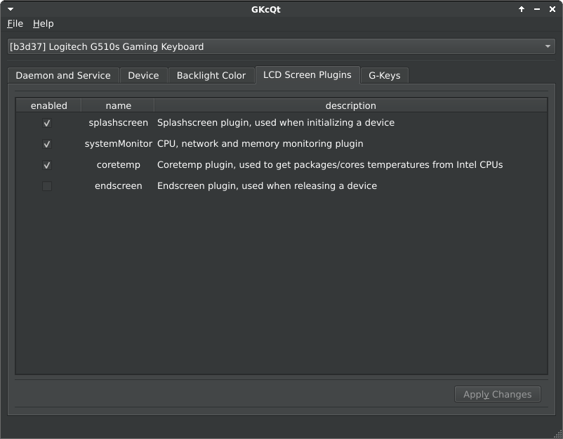 Builtin LCD screen plugins tab